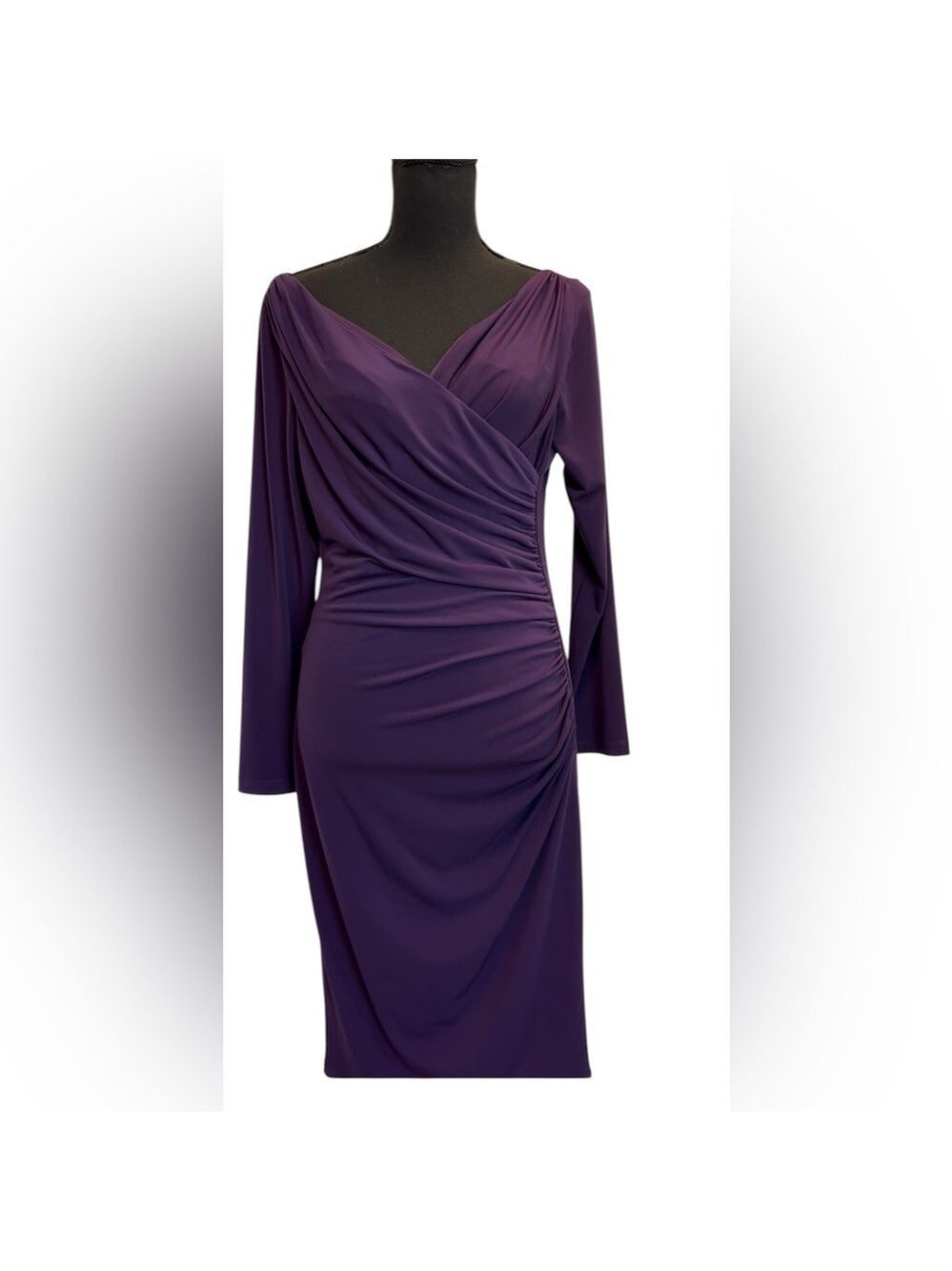 Enchante purple wrap style ruched jersey midi cocktail dress Sz 8